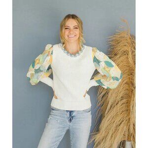 FATE Balloon Patchwork Puff Sleeves Cream Sweater Boho Cottagecore Size Medium